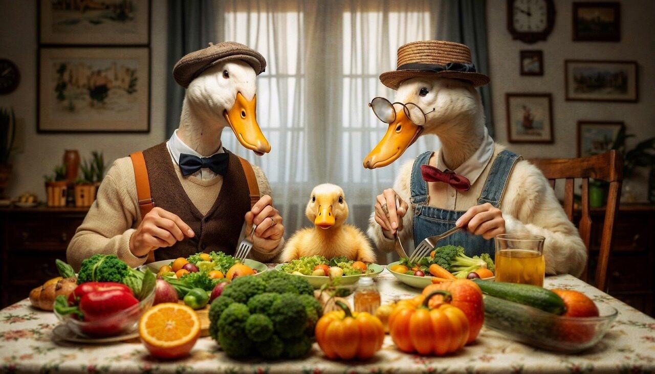 ai created, family, ducks, fantasy, dinner, vegetables, nutrition, nostalgic, digital painting, clothes, denim overalls